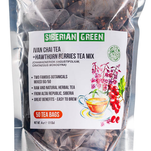 50-Pack Siberian Green Ivan Chai Tea and Hawthorn Berry Herbal Tea Bags Natural and Pure Botanical Herbs From Altai