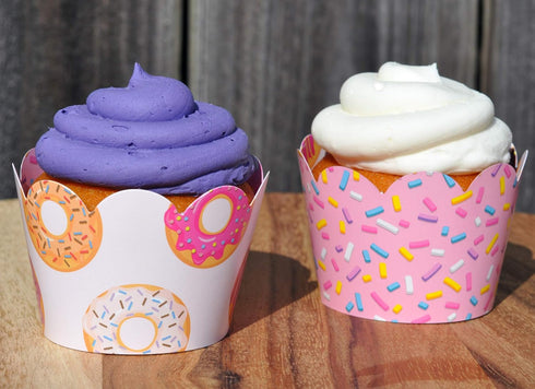 Donut Grow Up Doughnut Cupcake Wrappers for Kids Birthday Party Supplies, Set of 24 Reversible Scalloped