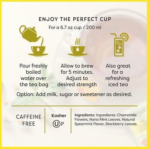 Wissotzky Chamomile Tea with Nana Mint, Herbal Tea, 20 Tea Bags, Caffeine Free