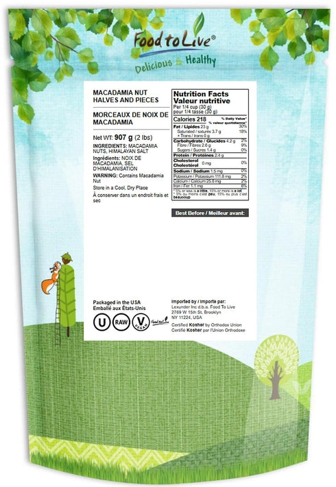 2 Food to Live Macadamia Nut Halves & Pieces, Pounds Raw, Shelled, Unsalted, Kosher, Vegan, Bulk. Keto Snack. Good