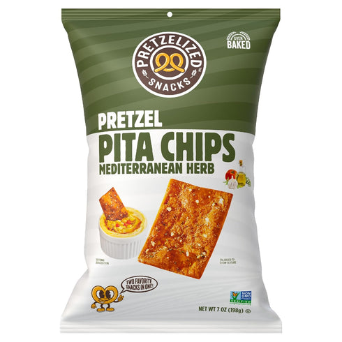 7 oz (Pack 12) PRETZELIZED Snacks Pretzel Pita Chips, Mediterranean Herb Flavor, Bags