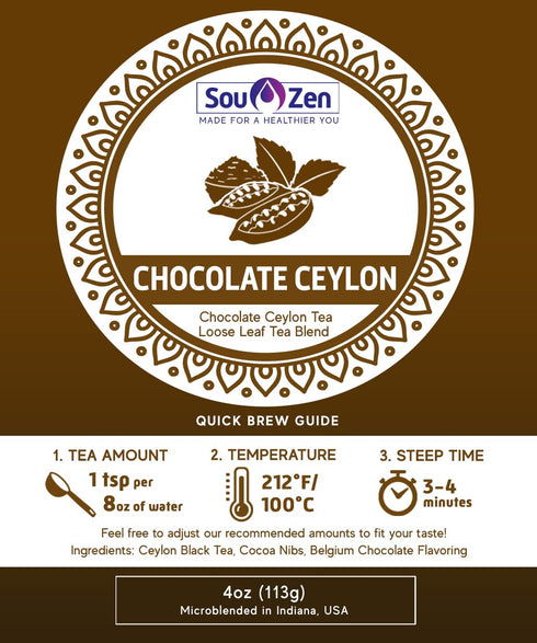 4oz (113g) Sou Zen Ceylon Chocolate Black Tea Loose Leaf Tea | Premium Quality Black Tea Leaves and Naturally Organic