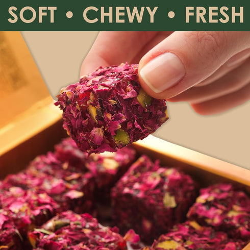 OZ ERCIYES 17.6 oz (500g) Turkish Delight with Rose Petals and Pistachio Soft Lokum Candy, Gourmet Turkish Sweets Gift