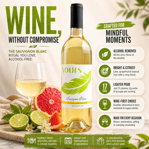750mL YOURS Non-Alcoholic White Wine Sauvignon Blanc, Alcohol-Removed Bottle, Crisp Citrus Lime & Grapefruit Notes, Low