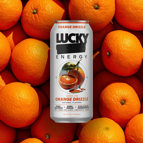 16oz (12-Pack) 200mg Lucky Energy Sugar Free Energy Drinks, Orange Drizzle, Cans Healthy, Zero Sugar Energy Drink