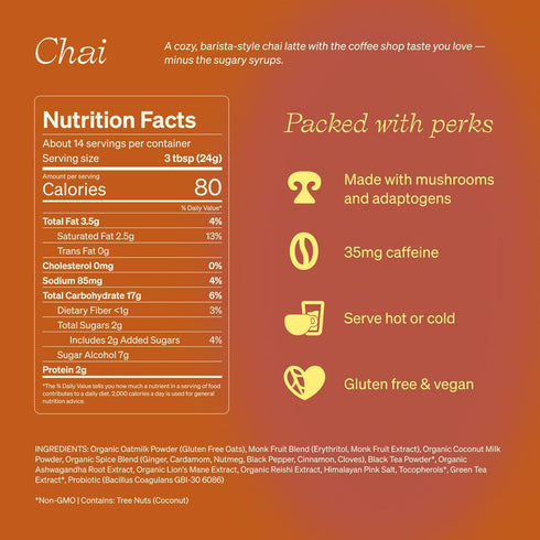 2022 (14 Clevr Chai Tea Latte, Instant Superfood Powder Blend with Lions Mane, Reishi Mushroom, Black Tea, Organic