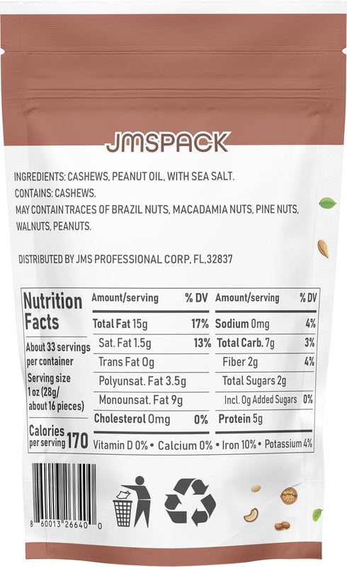 JMSPACK 16 (1 Lb) - Whole Cashews with Sea Salt, Ounces