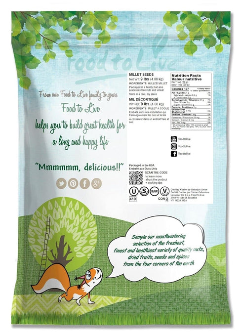 9 Food to Live Hulled Millet, Pounds Whole Grain Seeds, Kosher, Raw, Bulk
