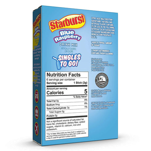 Starburst Singles To Go Zero Sugar Drink Mix, Blue Raspberry, 6 CT Box (Pack of 1)