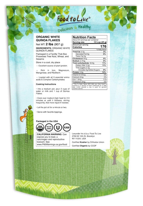 2 Food to Live Organic White Quinoa Flakes, Pounds Non-GMO Pressed Seeds, Vegan, Kosher, Bulk, Quick-Cooking, Perfect