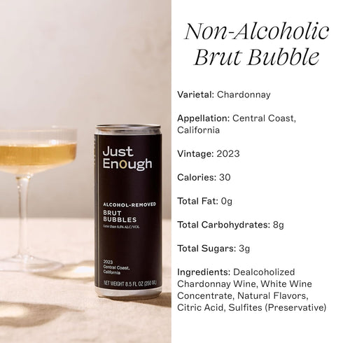 6 Pack Just Enough Wines Brut Bubbles Alcohol Removed | Non-Alcoholic Sparkling Wine, Cans | Central Coast California