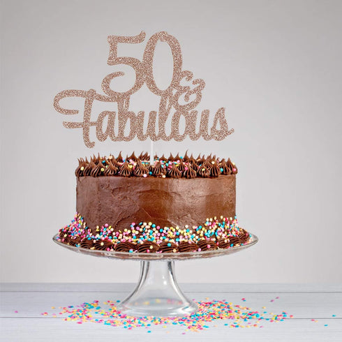 50 and Fabulous Rose Gold Glitter 50th Birthday Cake Topper for Women