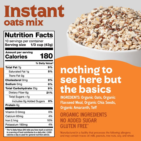 15 oz (10 Easy Morning Instant Oatmeal Mix, Organic Ingredients, Naturally Gluten-Free, No Sugar Added, Hot Cereal