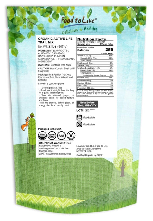 2 Food to Live Organic Active Life Trail Mix, Pounds Raw and Non-GMO Snack Mix Contains Cashews, Pumpkin Seeds