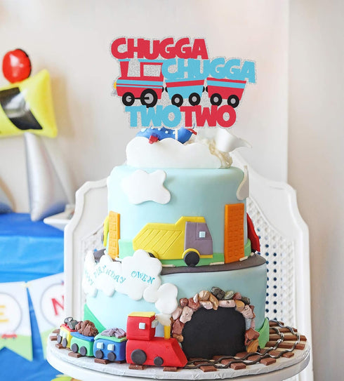 PANHUI Chugga Chugga Two Two Cake Topper - 2nd Birthday Railroad Party Decorations, Train Birthday Cake Decor, Second