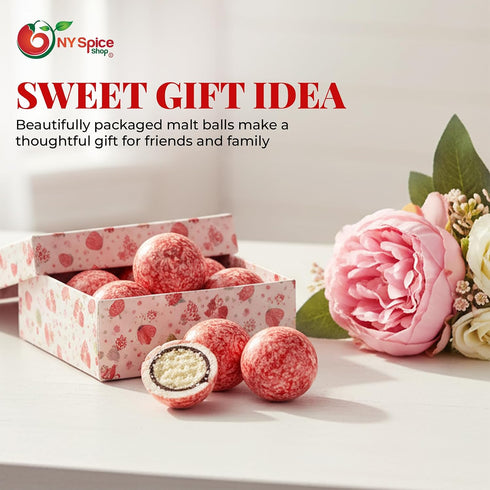3 NY Spice Shop Strawberry & Creme Chocolate Malt Balls - Pound Festive Malted Milk Candy Gifts - Chocolate Malted Milk