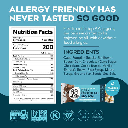 88 6 Count, Acres Granola Bars, Dark Chocolate Sea Salt, School Safe, Allergen Free Seed & Oat Snack Bar, Gluten & Nut