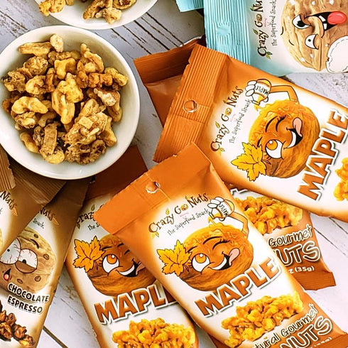 3 1.25 oz (12-Pack) Crazy Go Nuts Walnuts - Maple, Banana, Coconut, Oatmeal Cookie, Healthy Snacks, Vegan, Gluten Free