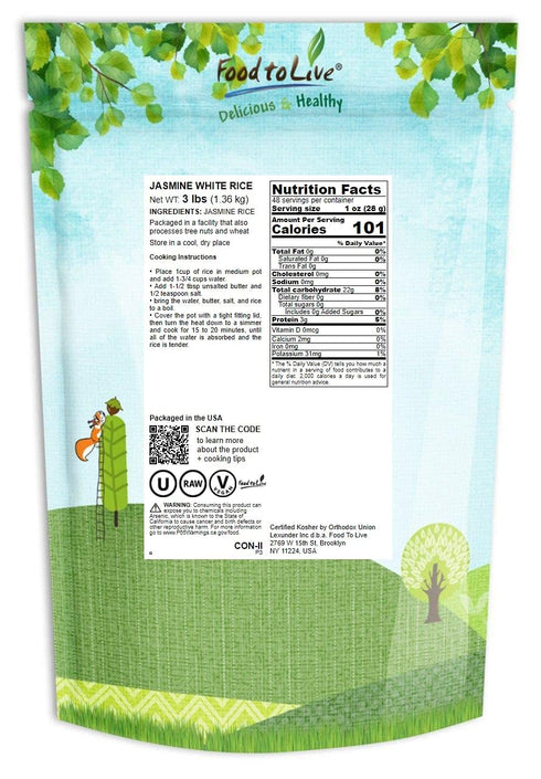 3 Food to Live - Jasmine White Rice, Pounds Long-Grain, Raw, Vegan, Kosher, Bulk. Fluffy Texture. Perfect Side Dish.