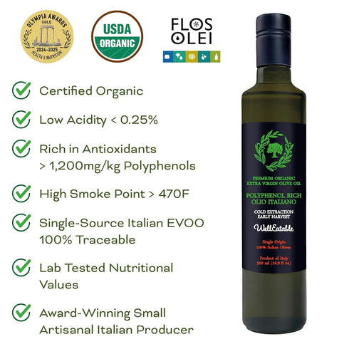 '+1,200 16.9 oz WellEatable High mg/kg Polyphenol Rich Olive Oil, Award-Winning Early Harvest, Organic Extra Virgin