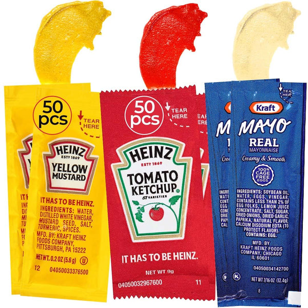 Bulk Condiment Packets Variety Pack 150-Count - 50 Single Serve Packs of
