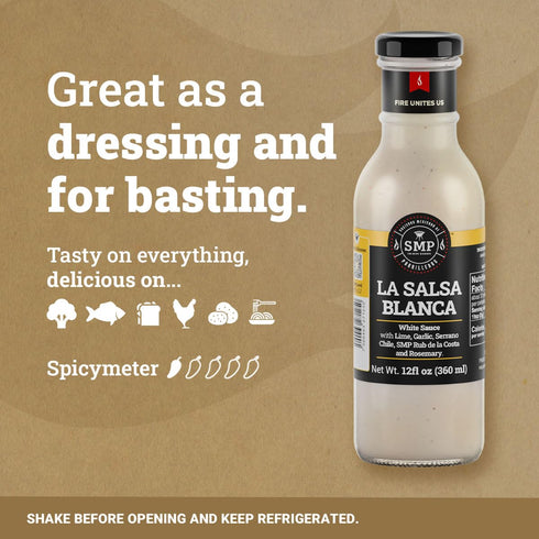12 oz SMP La Salsa Blanca Lemon Garlic Serrano Dressing with Rosemary & Rub de la Costa Tangy Gourmet Sauce