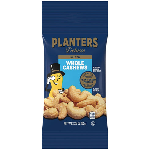 2.25 oz (12 Pack) PLANTERS Deluxe Cashews, Party Snacks, Plant-based Protein, bag