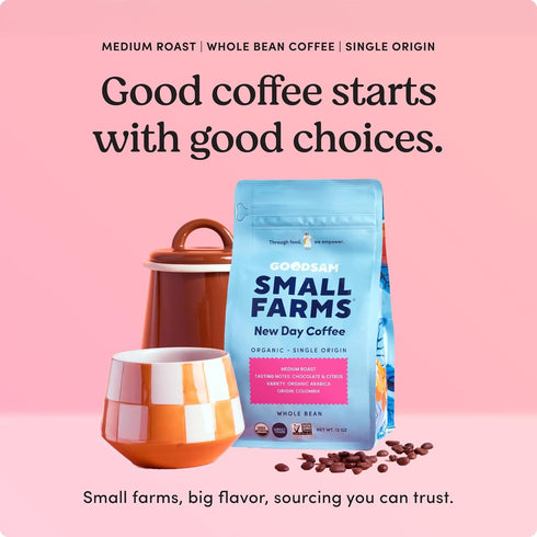 12 oz GoodSam New Day Medium Roast Whole Bean Organic Coffee Beans Bright Citrus & Chocolate Notes Single-Origin