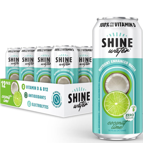 12-Pack, Shine Water Coconut Lime Vitamin D Electrolyte Drinks Sugar Free Flavored Water with Magnesium, Zinc