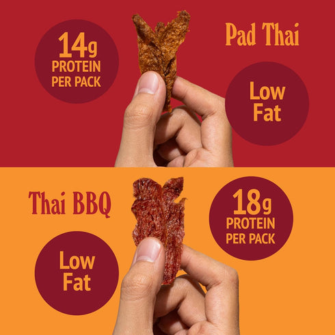 Pack 2 oz (2-Pack) Bangkok Bites Vegan Jerky Variety (Thai BBQ + Pad Thai), Real Ingredients, High-Protein, Low Fat