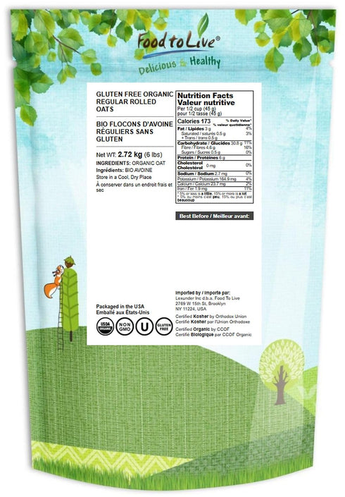6 100% Food to Live Gluten Free Organic Regular Rolled Oats, Pounds Non-GMO, Old-Fashioned, Whole Grain, Vegan, Bulk.