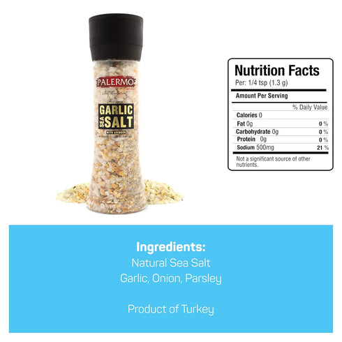 Palermo Garlic Sea Salt Seasoning with Grinder, 9 oz - Kosher, All Natural, No Additives