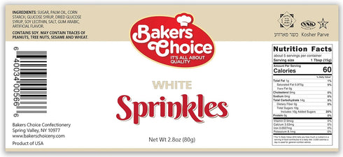 Bakers Choice White Sprinkles for Baking, Jimmies Sprinkles for Ice Cream Toppings, Dairy Free, Kosher 2.8 oz