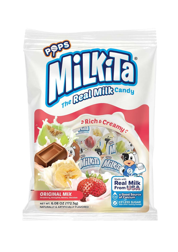 Milkita Creamy Shake Lollipop Bag - Gluten Free Chewy Candies with Calcium & Real Milk, Low-Sugar, 15 Pcs