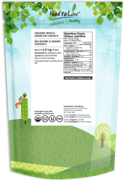 5 100% Food to Live Organic Oat Groats, Pounds Whole Grain, Non-GMO Seeds, Kosher, Raw, Non-Irradiated, Vegan, Bulk