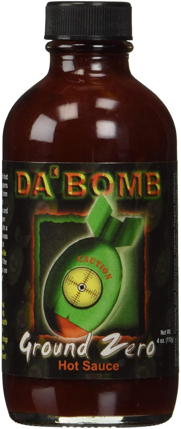 Da Bomb Ground Zero Original Hot Sauce - 4oz Bottle, 321,900 Scovilles - Made in USA with Habanero Peppers
