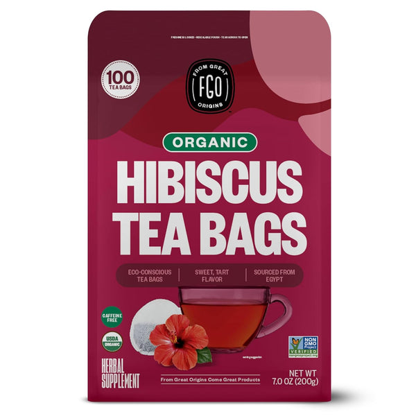 FGO Organic Hibiscus Tea - 100 Count, Eco-Conscious Tea Bags, Caffeine Free