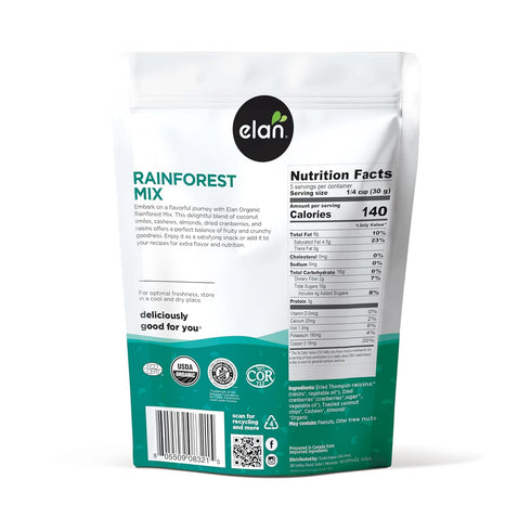 5.3 oz, Elan Organic Rainforest Mix, Healthy Snacks, Dried Fruits (Raisins, Coconut, Dried Cranberries), Nuts (Roasted