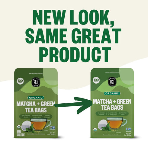 100 Count, Packaging (Pack 1) FGO Organic Japanese Matcha + Green Tea, Eco-Conscious Tea Bags, Resealable Bag, May Vary