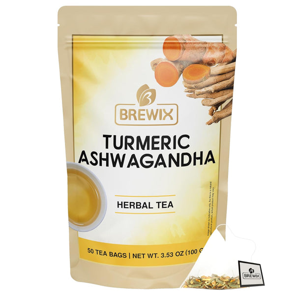 BREWIX Turmeric Ashwagandha Herbal Tea Bags (50 Pyramid Tea Bags) - Real Ingredients from India, Caffeine Free &