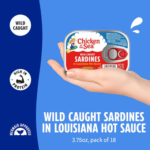 3.75 oz 18-Count Chicken of the Sea Wild Caught Sardines in Louisiana Hot Sauce, Cans, High Protein Nutritional