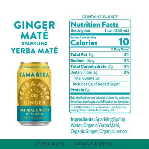 120mg 12 oz (12-Pack) Organic Sparkling Ginger Yerba Mate Tea, Unsweetened by Tama Tea - Sugar Free Energy Drink