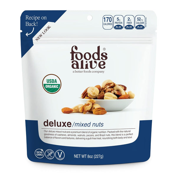 Foods Alive Organic Deluxe Mixed Nuts, 8oz, Kosher Blend of Premium Organic