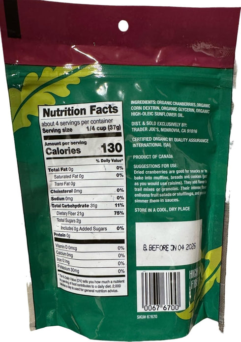 Generic (5.5 oz) Trader Joe's Organic Dried Cranberries, No Sugar Added, High In Fiber