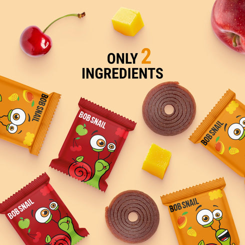 50 Pack, 500g Bob Snail Fruit Roll Ups Natural Fruit Snacks (Mango & Sour Cherry), Vegan, No Added Sugar, Healthy
