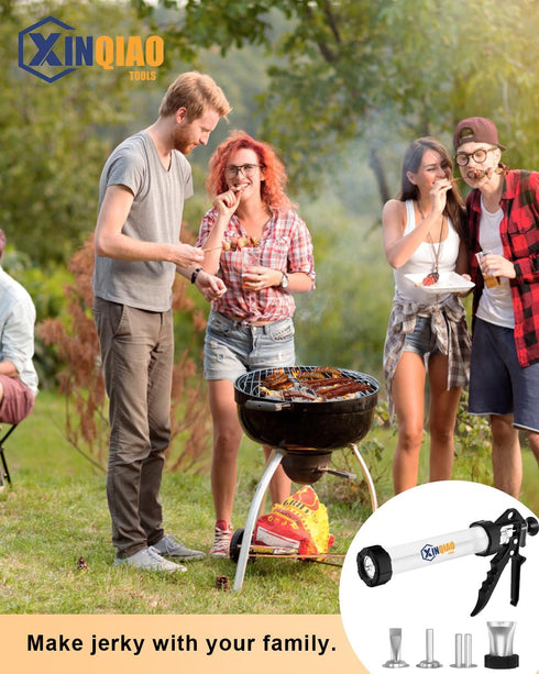 4 Nozzles, 2 XINQIAO Beef Jerky Gun for Ground Meat, Plastic Jerky Cannon Comes with Brushes