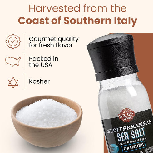 Wellsley Farms 14.6oz (1 Mediterranean Sea Salt Grinder - Non-GMO, Kosher Salt Coarse - Built-In Grinder for Fresh Sea