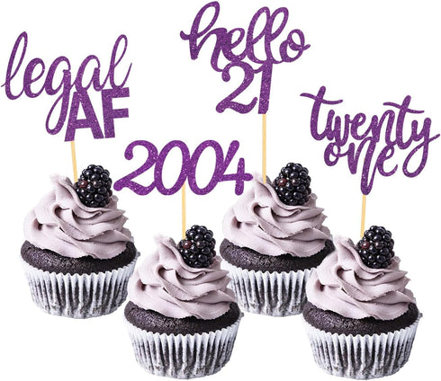 24 Pcs Glitter Cupcake Toppers for Celebrating 21st Birthday Party Decorations (Purple Glitter)
