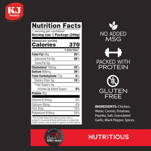(1 Pack) KJ Poultry Kosher for Passover Gluten Free Meals, Roast Chicken with Potato & Carrots, Halal, Prepared Entree