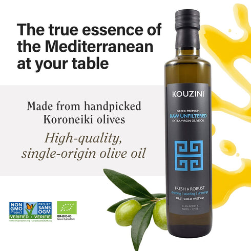500ml Kouzini Unfiltered Raw Extra Virgin Greek Olive Oil, Greek Extra Virgin Cold Pressed Olive Oil, Single Origin